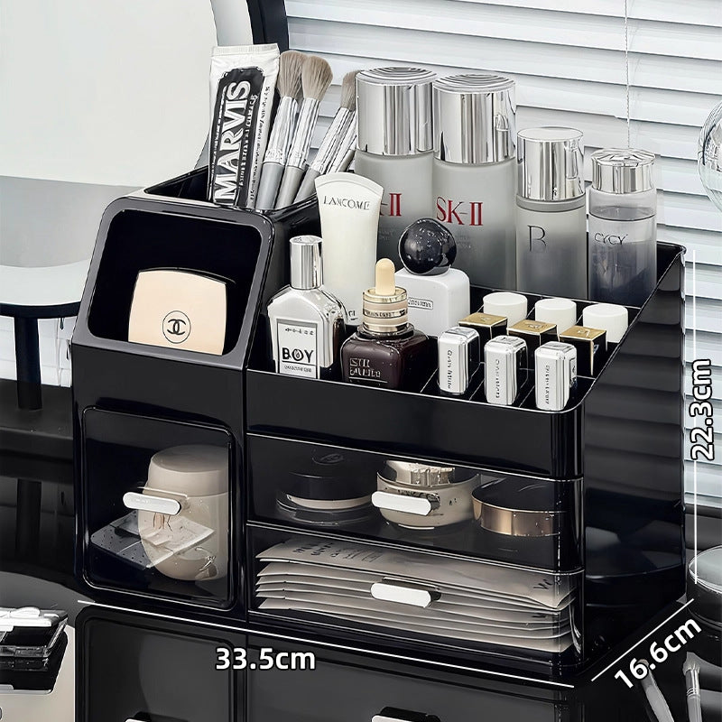 Large-capacity desktop cosmetic storage box, dustproof drawer-style makeup brush organizer, skincare product compartment shelf