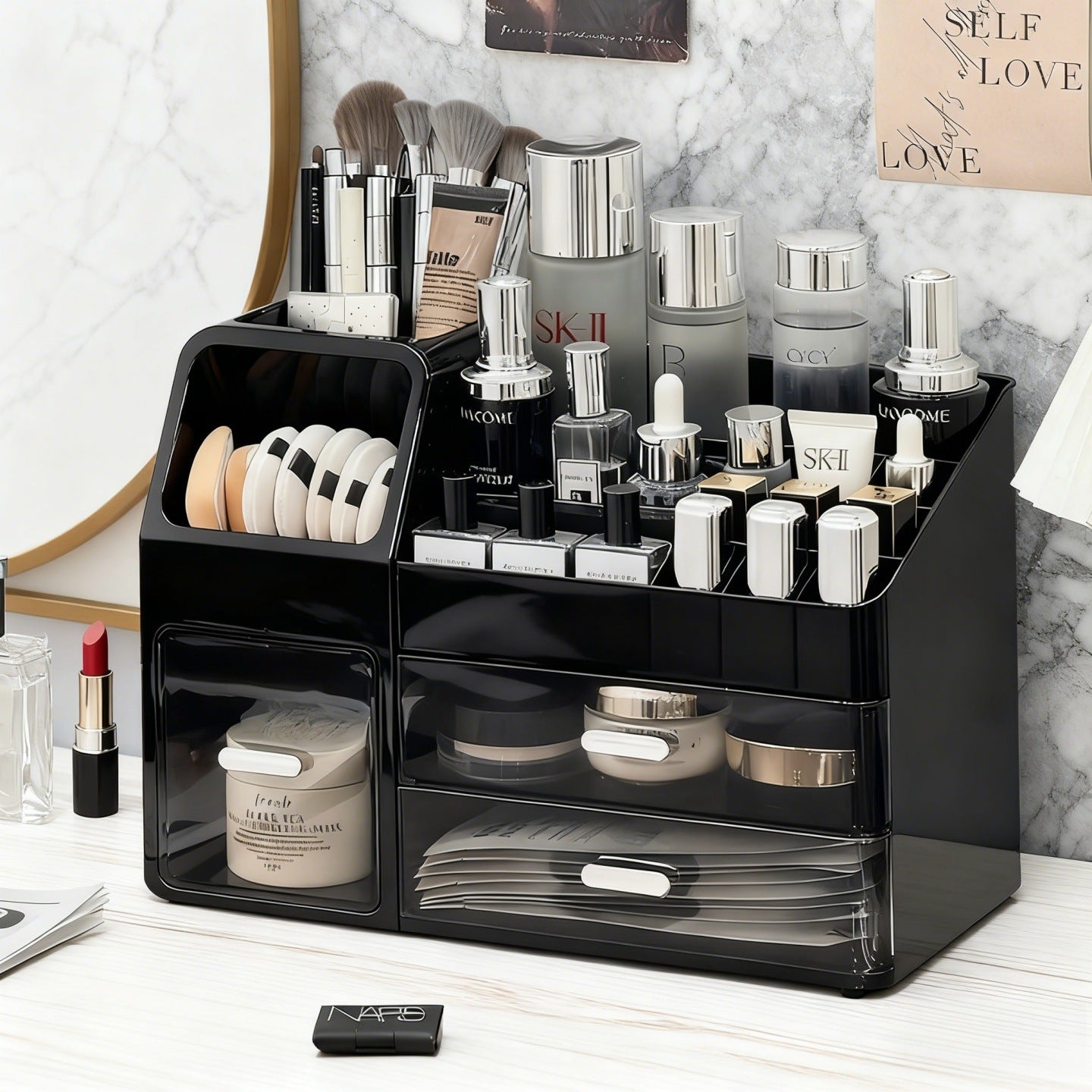 Large-capacity desktop cosmetic storage box, dustproof drawer-style makeup brush organizer, skincare product compartment shelf