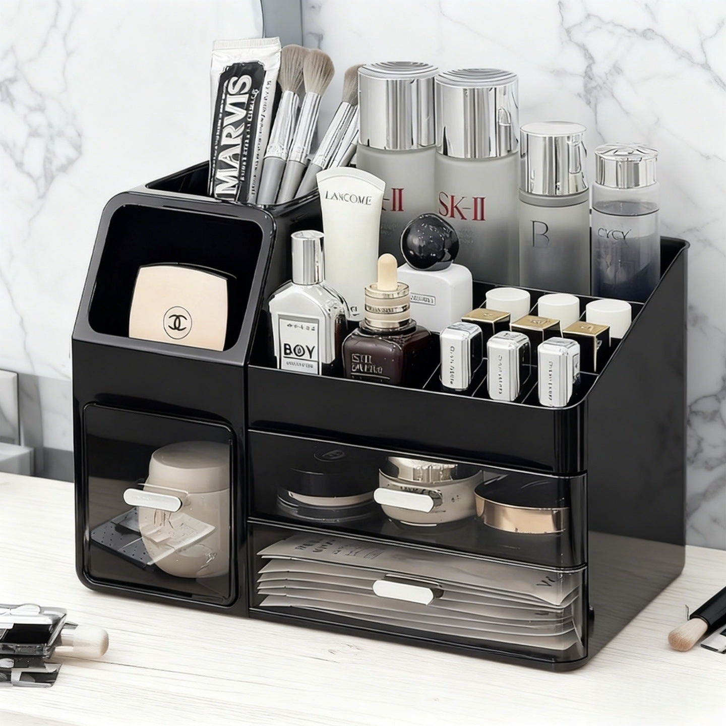 Large-capacity desktop cosmetic storage box, dustproof drawer-style makeup brush organizer, skincare product compartment shelf
