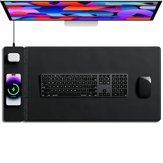 Multifunctional wireless charging mouse pad, PU leather, 15W wireless charging for mobile phones and earphones, plush felt table mat