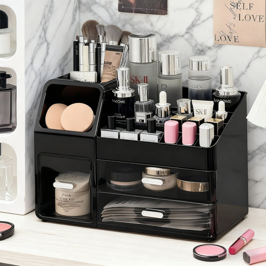 Large-capacity desktop cosmetic storage box, dustproof drawer-style makeup brush organizer, skincare product compartment shelf