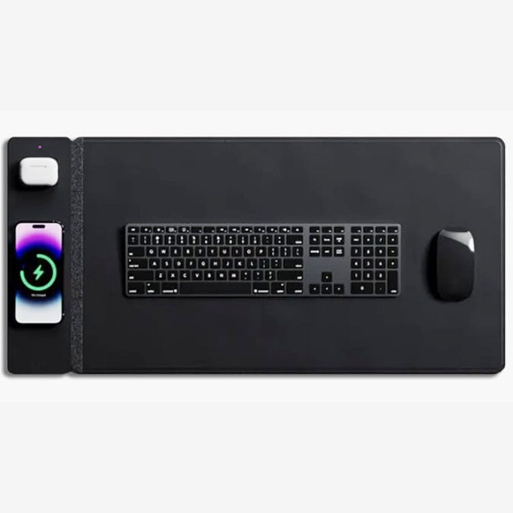 Multifunctional wireless charging mouse pad, PU leather, 15W wireless charging for mobile phones and earphones, plush felt table mat