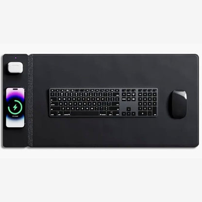Multifunctional wireless charging mouse pad, PU leather, 15W wireless charging for mobile phones and earphones, plush felt table mat