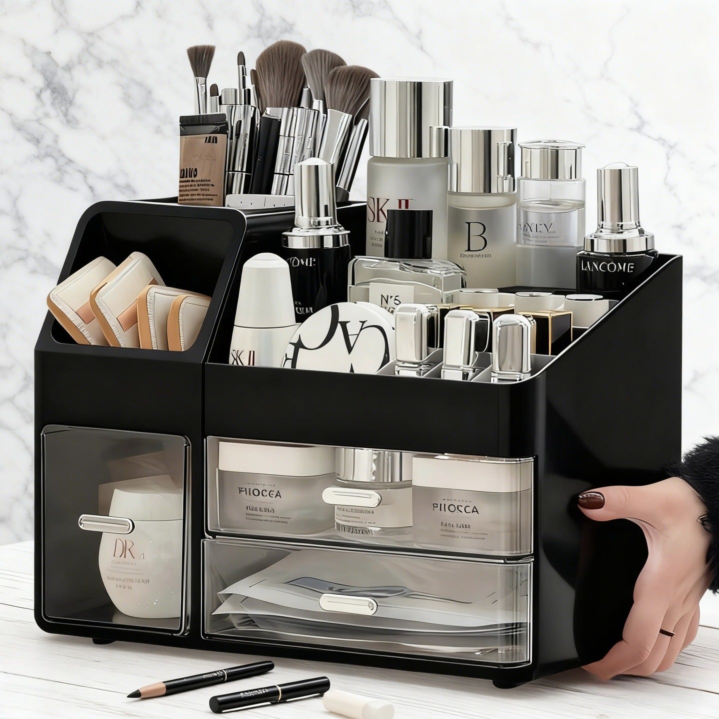 Large-capacity desktop cosmetic storage box, dustproof drawer-style makeup brush organizer, skincare product compartment shelf