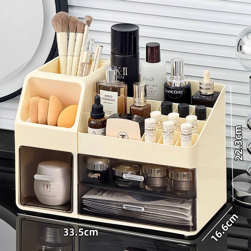 Large-capacity desktop cosmetic storage box, dustproof drawer-style makeup brush organizer, skincare product compartment shelf
