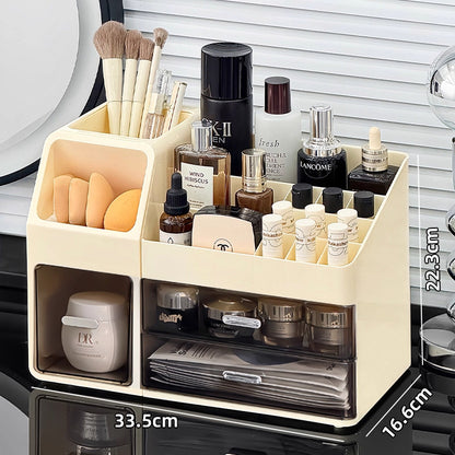 Large-capacity desktop cosmetic storage box, dustproof drawer-style makeup brush organizer, skincare product compartment shelf