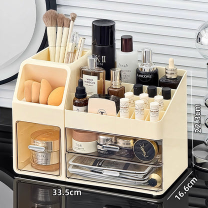 Large-capacity desktop cosmetic storage box, dustproof drawer-style makeup brush organizer, skincare product compartment shelf